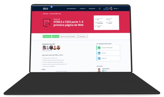 Notebook showing an HTML5 and CSS3 course from Alura