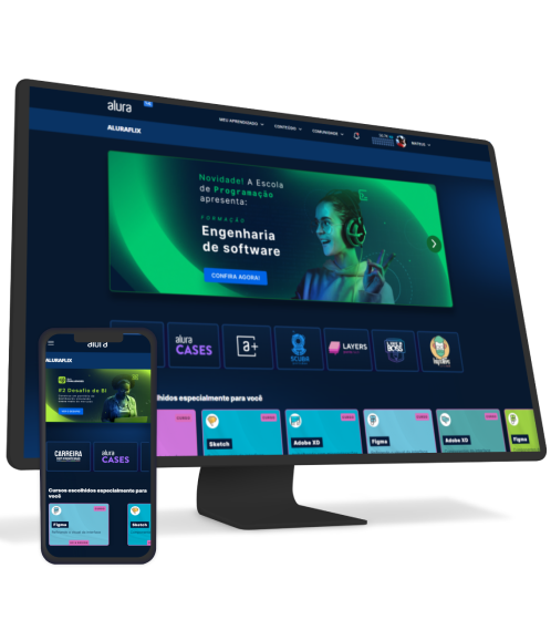 A monitor and a phone showing Alura Plus